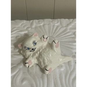Vintage Glazed Ceramic White Kitten Cat Pink Nose Blue Eyes Playful 6"